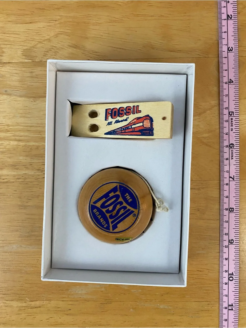 Vintage Fossil Wooden Yo-Yo and Whistle Set